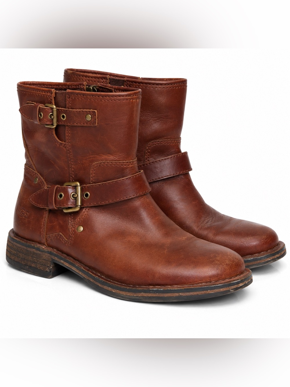 UGG Simmens Leather Moto Biker Ankle Boots Brown Harness Buckle Zip Wom Size 6
